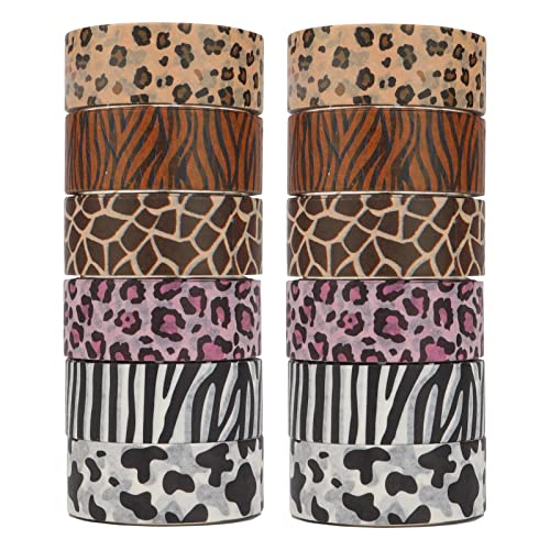 LGEGE Juego de 12 rollos de washi Tape cintas de rayas de animales, 15 mm de ancho, bonito patrón de rayas de jirafa de leopardo de vaca, diario bala, envoltura de regalos, manualidades (5 m)