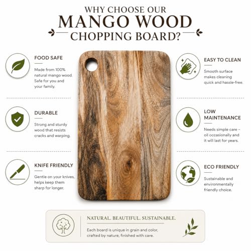 Image of Handcrafted Wooden Chopping Board for Kitchen | Cutting Board & Serving Platter | Food Safe Wooden Board for Vegetables, Fruits, Cheese & Bread | Multiple Designs (Rectangular, Mango Wood)