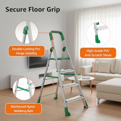 Image of Amazon Basics Clamber Pro - Foldable Step Ladder, Firm Grip, 4 Steps (Aluminium Steps, Green & Satin)