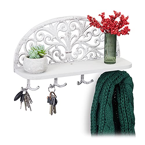 Relaxdays 10028988_49 Wandgarderobe mit Ablage, Antik Design, 4 Doppelhaken, Schlüsselbrett, Gusseisen, HBT: 23x39x11,5 cm, weiß 1 Stück, Weiß