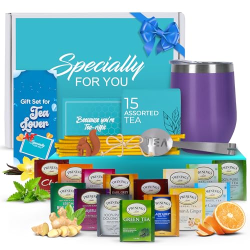 Modern Elegance Tea Gift Set, Includes 15 Teas, Stainless Steel Tumbler, Honey Straws, Tea Spoon Squeezer, Squirrel Tea Bag Holder (Purple)