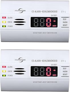 Protector C11-L CO-Melder batteriebetrieben | Hochpräziser langlebiger CO-Melder 2er Set mit beleuchtetem Display | Detektiert Kohlenmonoxid (CO) für Ihre Sicherheit | Ideal für Wohnwagen und Zuhause