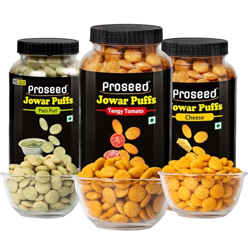 Image of Proseed Jowar Puffs (Pani Puri, Tangy Tomato & Cheese) | 150g x 3 Packs (Total 450g) | Slow Roasted & 100% Veg | No Refined Flour, Sugar & Trans-Fat | Gluten Free | No Palm Oil | Healthy Millet Snacks