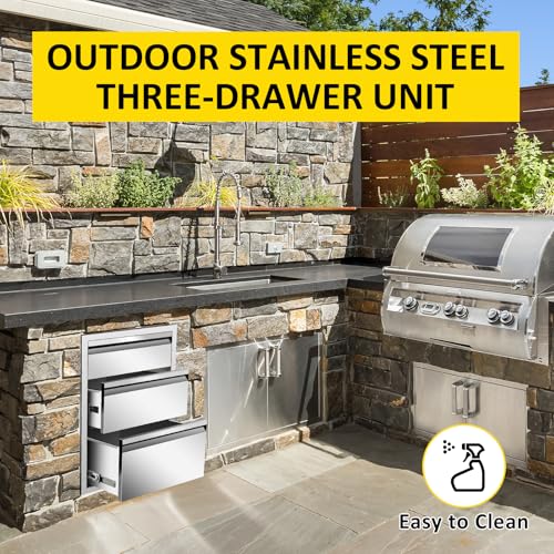 Image of Outdoor Kitchen Drawers 16 inch W x 21 inchH x 23 inchD Triple BBQ Drawers Stainless Steel Built-in Drawer for Outdoor Kitchen Island, Patio Grill Station