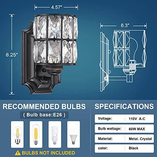 Image of Crystal Wall Sconce Black Dry&Wet Dual Use 1 Light 2 Pack UL Certified