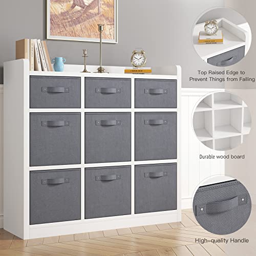 Enhomee Cube Storage Organizer With Fabric Storage Cube Bins 9 Wooden Storage Cubes Organizer Shelves White Cubby Storage Bins For Storage With Gray Bins For Clothes Books Toys #TOP6