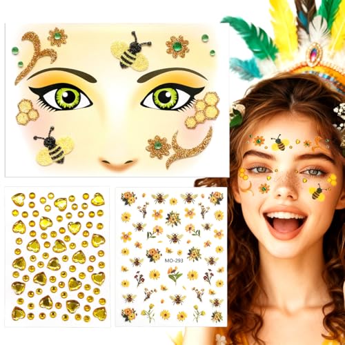 YAZWUR Bienen Gesichtstattoo Set für Karneval und Fasching Glitzer Gesichtsaufkleber Temporäre Tattoos als Schminke für Damen Erwachsene Halloween Party Sticker