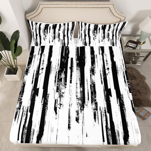 Homewish Sábana bajera ajustable individual en blanco y negro, sábanas modernas de rayas abstractas, decoración elegante para la habitación, juego de ropa de cama estética contemporánea, sábanas de