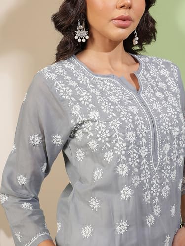Image of Ada Women's Cotton Regular Fit Tunic Hand Embroidered Lucknowi Chikankari Ethnic Wear Kurta Kurti A130717