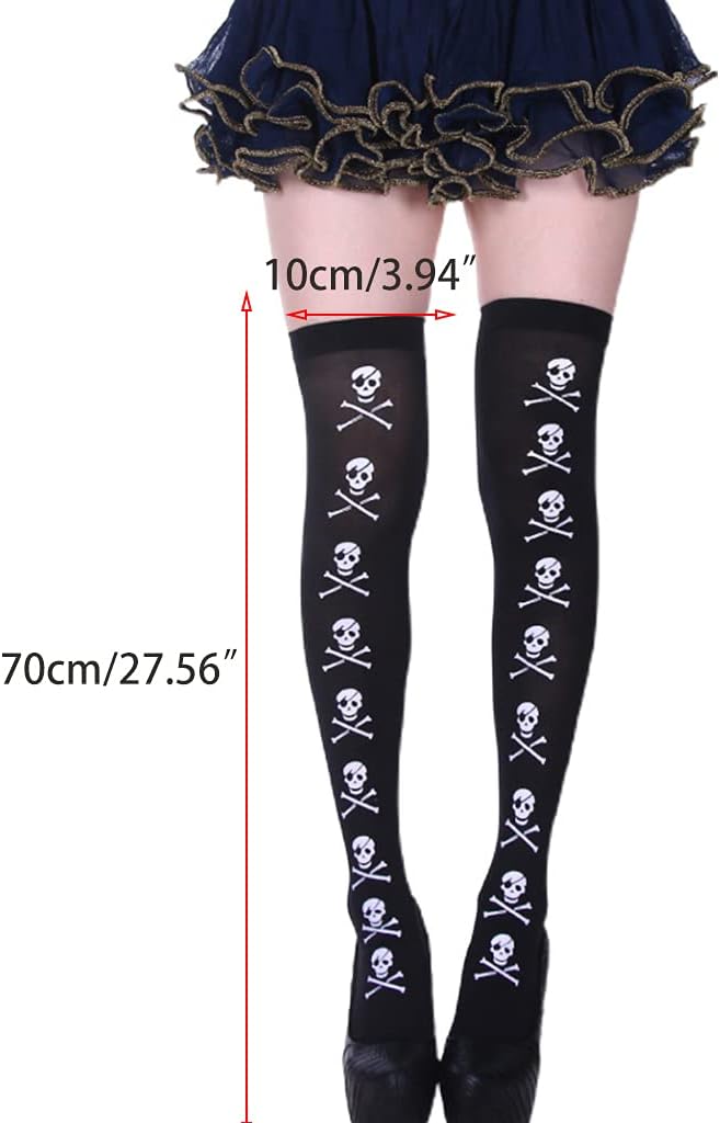 Women Halloween Black Thigh High Stockings Skull Skeleton Over Knee Socks