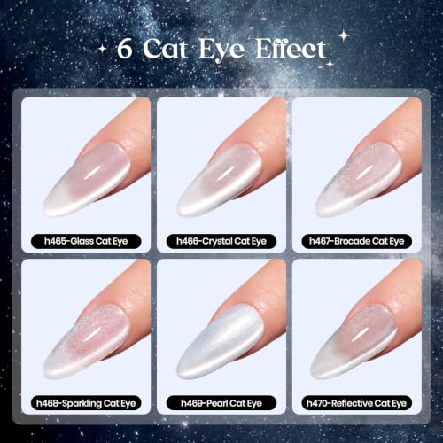 Image of Beetles Silver Cat Eye Gel Nail Polish Set, Dusted Galaxy 6 Colors Magnetic Glass, Crystal, Pearl, Reflective & Glitter Silver Cat Eye Gel Polish Set with 2 Magnets, DIY Color Card for UV