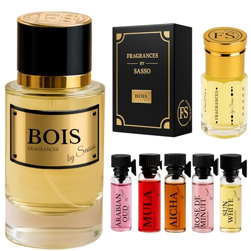 Parfum BOIS Intense – FRAGRANCES BY SASSO – Coffret Luxe – Extrait De Parfum 50 ml + Musc 3 ml + 5 Échantillons OFFERTS – Coffret Cadeau Homme –...