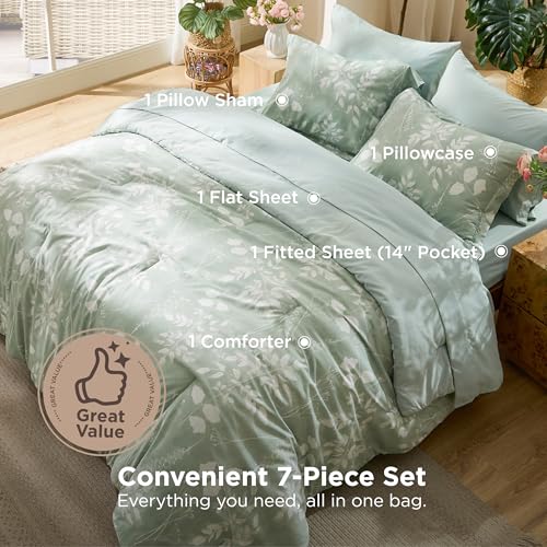 Image of Bedsure Floral Sage Green Comforter Set, Twin Bedding Sets, 5 Piece | Bed in a Bag, Comforters, Bedroom, Reversible, Fluffy, Whisper-Quiet, All-Season, Polyester, Easy Care, Botanical-Chic, OEKO