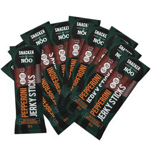 SNACKER BY NOO Jerky Sticks - 10er Pack (10x70g), 50x Eiweißreiche Pepperoni Jerky Sticks in 10 Beutel, Trockenfleisch Eiweiß Snacks, 31% Eiweiß: 21,7g Protein pro Beutel, Low Fat, High Protein Snack