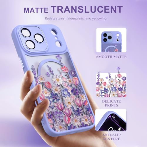 Image of Magnetic for iPhone 17 Pro Max Case for Women Girls, Purple Floral | Cute Oil Painting Flower Pattern Design [Compatible with MagSafe] [Full Camera Protection] Translucent Slim Shockproof Cover