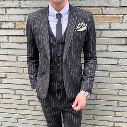 Adhdyuud Men's (Jacket+Vest+Pants) Striped Suit Slim Tuxedo Jacket Pants Formal Groom Wedding Dress Suit3