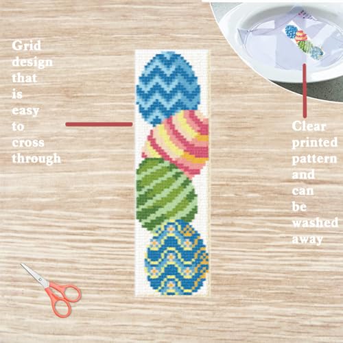 Image of FREEBLOSS 6 Set Easter Cross Stitch Bookmark Kits Easter Eggs Pattern Stamped Cross Stitch Kit with Clear Instructions DIY Bookmarks Cross Stitch Kits Embroidery Bookmarks Kit for Adults Beginners