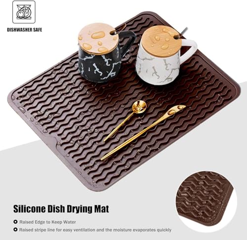 Image of VHKD Silicon Dish Drying mat Non-Slip Coffee Machine Easy Clean Sink Large Heat-Resistant Dish Drainer Kitchen Counter Sink Refrigerator Drawer Liner Utensils Drying mat (Brown 40x45cm)