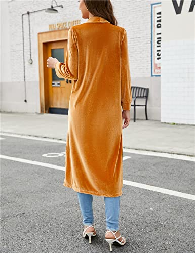 Women's Long Velvet Cardigan Jacket Lapel Collar Open Front Vintage Cardigan Blazers With Pocket Gold #TOP7