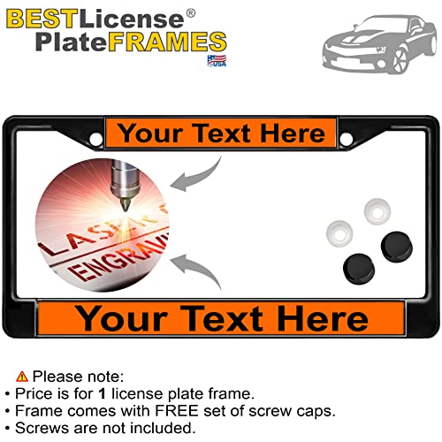 Image of Custom Personalized Black Powder-Coated Metal Laser Engraved Standard Size - Car /Automobile License Plate Frame with Free caps - Orange /Black Text (Qty: 1 Frame)