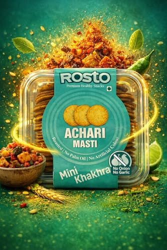 India's Best Brand Rosto Achari Masti Mini Khakhra, Roasted, No Palm Oil, No Artificial Colour, No Onion No Garlic, 200 g (Pack of 2) Total 400g