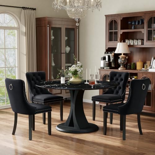 Image of 5-Piece Dining Table Set for 4 with 47 In Black Faux Marble Round Table | Circle Dining Room Table with 4 Velvet Upholstered Chairs, Modern Scandinavian Furniture for Dining Room Kitchen (Black)