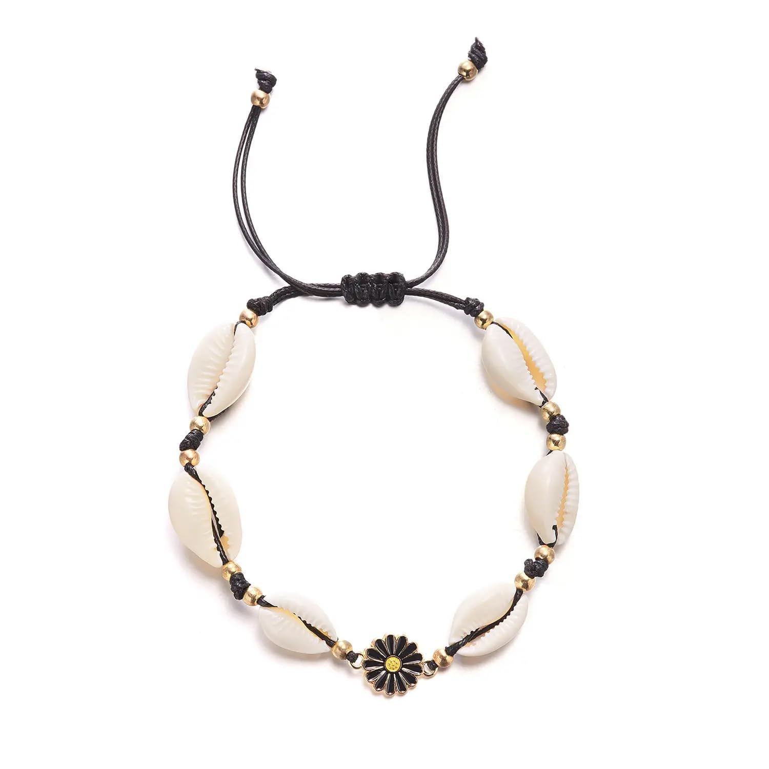 Womens 1PC Bohemian Sunflower Cawrie Shell Anklet- Trendy 1 Leg Thread Adjustable Anklet with Pretty Flower Charms (Black)-image-42