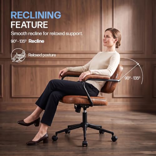 Image of DROGO Verona Ergonomic Office Chair for Work from Home | Premium Leatherette | Computer Chair with Wide Cushioned Seat, 135 Recline & Metal Frame | Leather Padded Armrests, 1-Year Warranty (Brown)