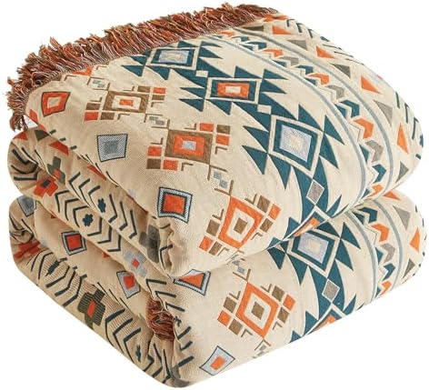 Boho Throw Blanket for Bed 60”x80”, 100% Cotton Woven Blanket for...