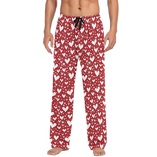 Red White Hearts Pajama Pants Mens Lounge Pants Super Soft Pajama Bottoms with Pockets