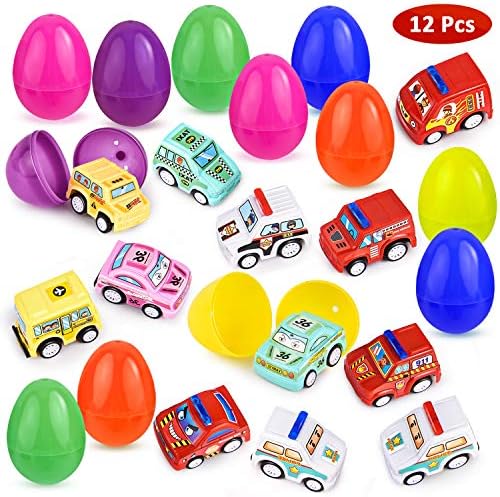 GotechoD Surprise Easter Eggs with Toys Vehicle, 12 Sets Prefilled Plastic Surprise Eggs with Cars Play Vehicles, 2.5/1.86" Toys Filled Easter Eggs for Easter Hunt Party Favor Toddler Boys Girls