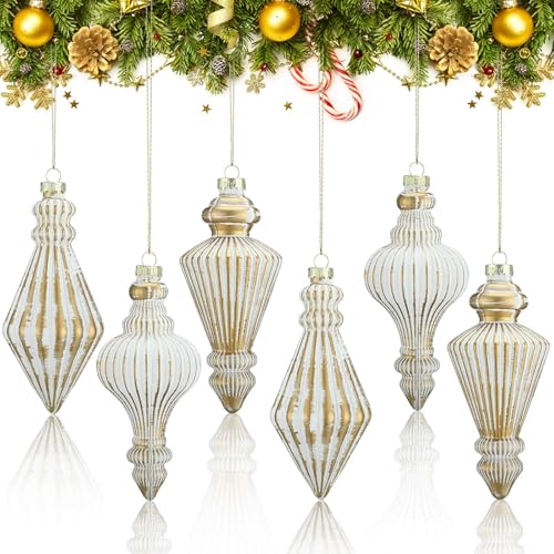 PullCrease 6 Pcs 5.7 inch Mercury Glass Finial Christmas Ornament Rustic Finial Vintage Ornaments Xmas Glass Mercury Hanging Decor Christmas Tree Decoration for Holiday Farmhouse(Gold White)