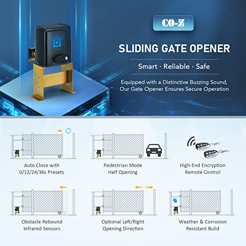 Co-Z Upgraded Sliding Gate Opener, 280W Automatic Gate Opener With Safety Sensor For Doors Up To 1400Lb 40Ft, Chain Driven Driveway Gate Opening System, Complete Gate Opener Kit With Remote Control #TOP2
