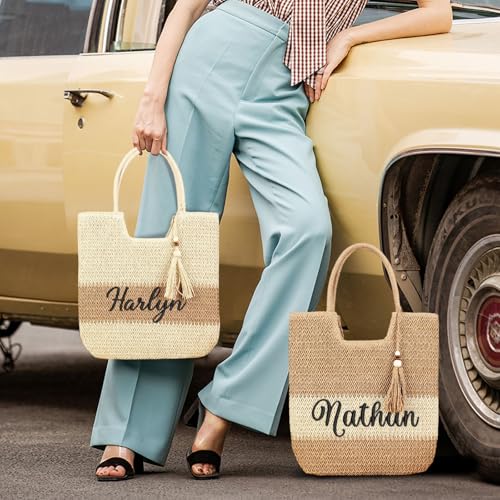 Personalized Name Woven Tote Bag with Embroidery Name, Custom Straw Bag,Beach Women Hand Bag,Holiday Summer Vacation Tote Bag3