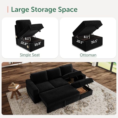 Image of HONBAY Modular Sectional Sofa with Pull Out Bed,Corduroy L Shaped Sleeper Sofa with Storage, Sectional Couches for Living Room,Black