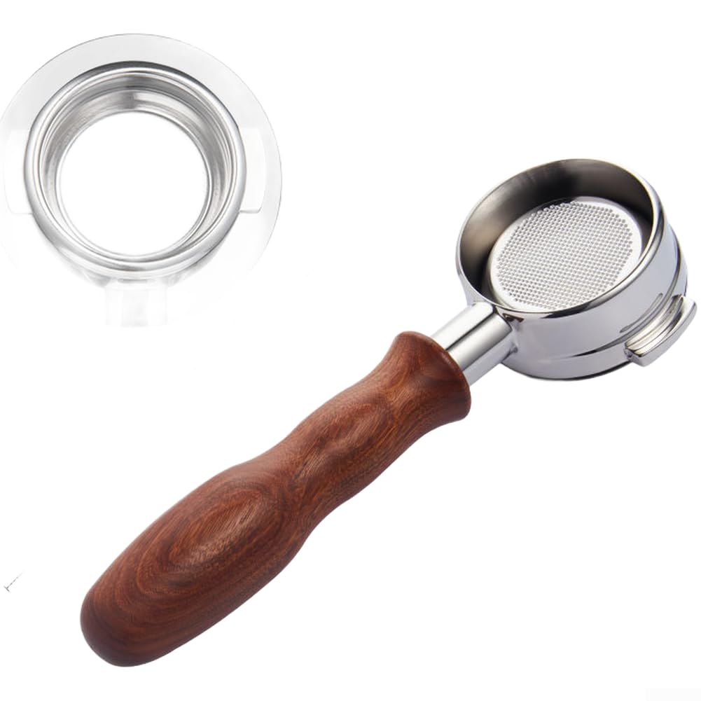 Portafiltro sin fondo de 58 mm QOXEZY de acero inoxidable y madera para café espresso
