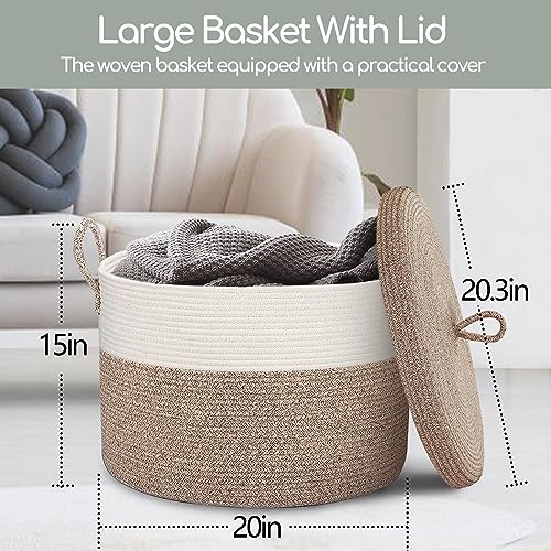 Large Basket with Lid, 20/inch x 15/inch Blanket Storage for Living Room, Wicker lid, Woven Cotton Rope Baskets Storage, Big Throw Blankets Pillows Organizer Bins Brown