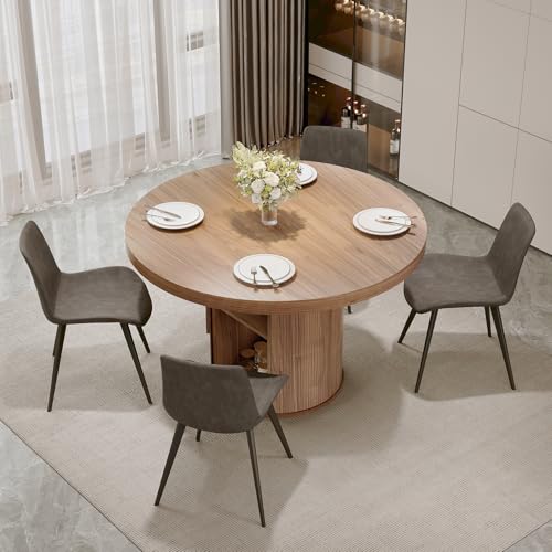 Image of HIPIHOM 5-Piece Dining Set for Small Spaces 43.3 inch Round Table & 4 PU Leather Chairs, Modern Farmhouse with Storage Shelf, Apartment Kitchen Easy Assembly (Walnut Color Round Table + 4 Gray Chairs)