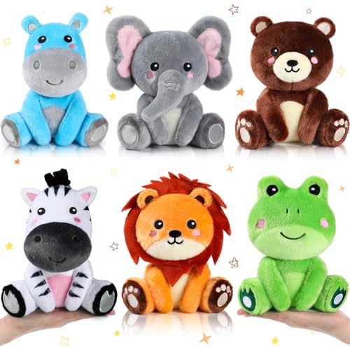 Image of RoundFunny 6 Pcs Forest Animals Toys 7 inch Stuffed Animals Set | Zebra Lion Hippo Bear Elephant Frog Large Animals Plush Toy for Forest Baby Showers Party Decor, Birthday Gifts Award