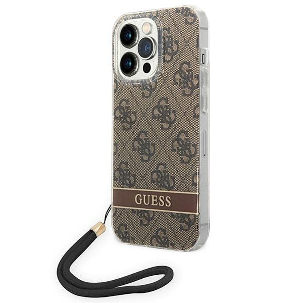GUESS GUOHCP14LH4STW Coque pour iPhone 14 Pro 6,1" Marron/Marron Coque Rigide avec Sangle imprimée 4G