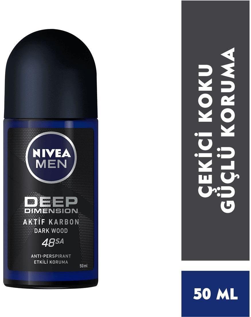 NIVEA MEN Erkek Roll on Deodorant Deep Darkwood 50 ml,72 Saat Ter ve Ter Kokusuna Karşı Koruma,Maskülen Ferah Koku,Aktif Karbon,Yapışkan His Bırakmaz