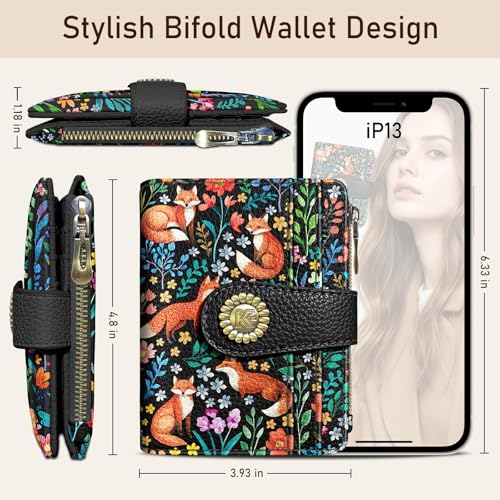 Image of Kelvoris Cute Floral Fox Flowers Boho Small Rfid Women Wallet Coin Pocket | Bifold Zipper PU Leather Compact Cash Credit Card Holder Travel Purse for Female Ladies Teen Girls 1 ID Window 10 Card Slots