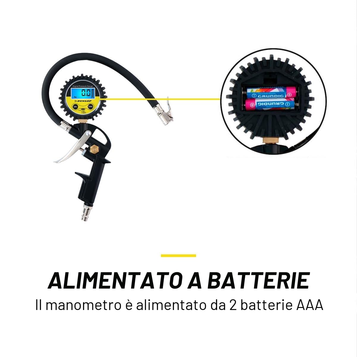 Dunlop Manometro digitale per pneumatici – Misura PSI/BAR/KPA/KG – Funziona a batterie – Tubo dell'aria da 30 cm – Adatto alla maggior parte dei compressori d'aria – auto, bicicletta, moto e camion