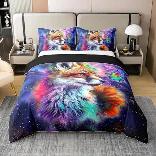 Erosebridal Fox Comforter Cover,Hand Drawn Kawaii Fox 100% Cotton Queen Duvet Cover,Cartoon Graffiti Spatter Quilt Cover for Kids Girls Bedroom Decor,Rainbow Wild Butterfly Bedspread Cover,Purple