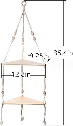 Miniatura 3 de Estante colgante de macramé, estante colgante triangular de madera de 2 niveles, hecho a mano, estantes esquineros de cuerda tejida a mano, estante