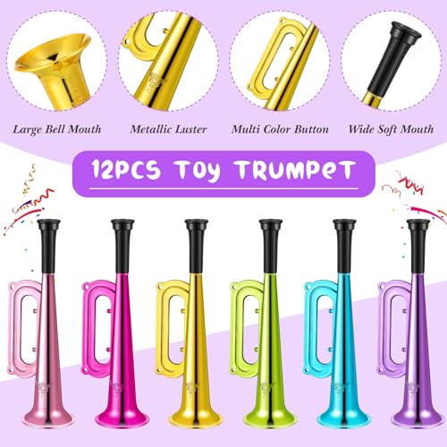 Poen 12 Pcs Toy Trumpet Kids Mini Metallic Trumpet Parties Musical Blow Horn Instruments Plastic Noise Makers for Kids Events Party Favors Music Class Stage Props 7 Inch Easter Day - Image 5