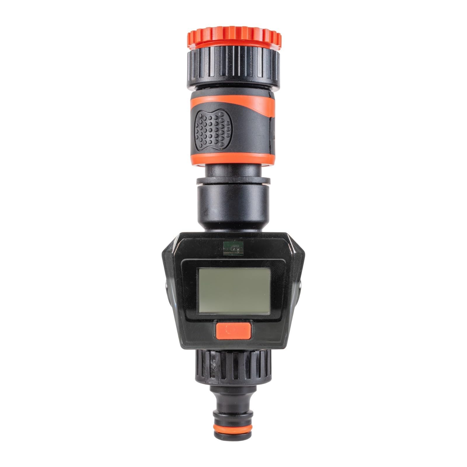Garden Hose Water Flow Meter Digital - Water Usage Monitor LCD L/min G/min - 3/4 and 1 Inch BSP Tap Inlet Reducer - Push Fit Hose Connector - CR2032 - Black Orange