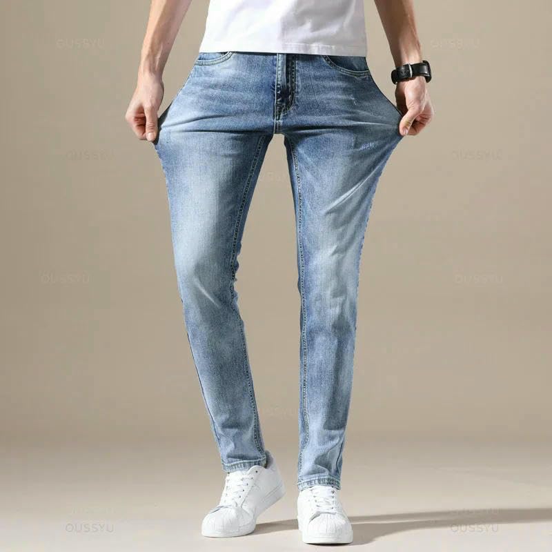 Men’s Slim Fit Stretch Jeans Lightweight Tapered Denim Pants Faded Wash Casual Streetwear2