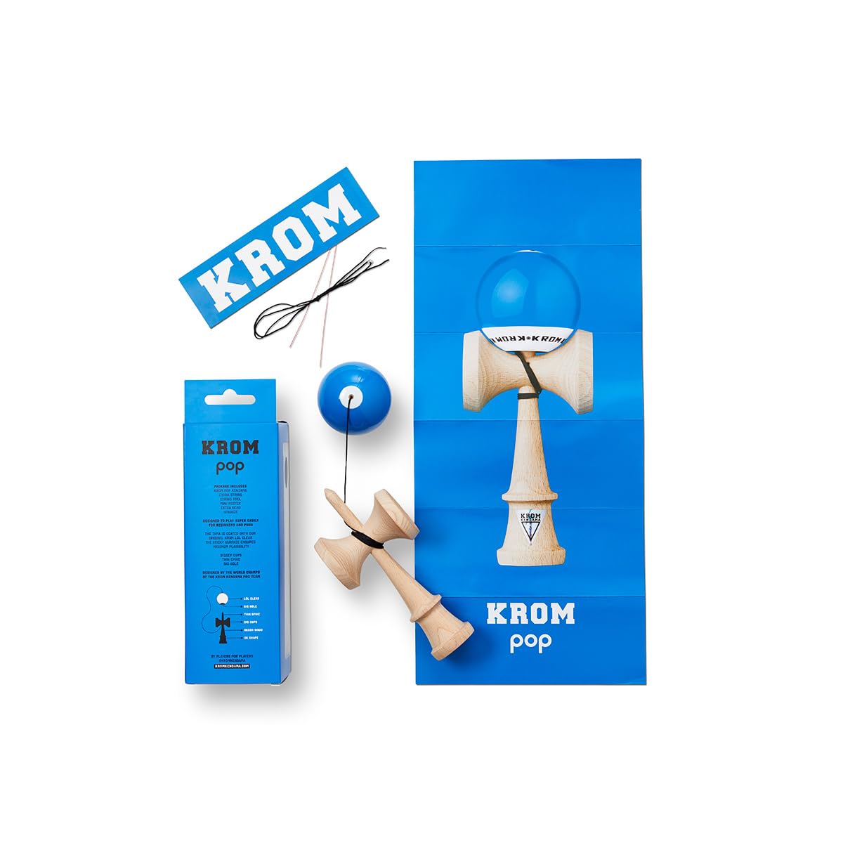 KROM - Kendama Toy POP LOL Dark Blue - High Wood Quality - Extra Strong - for Beginner and Pro - Gift Pack : Extra String + Stickers
