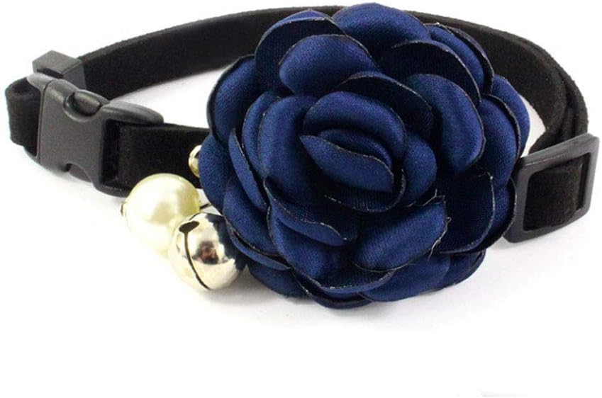 Everflowering Rose Flower Cat Dog Collar Bow Tie - Suede Puppy Necklace with Bell - Chihuahua Yorkie Girl Clothes Costume Outfits Accessory, Adjustable and Handmade (Dark Blue, Size XS)